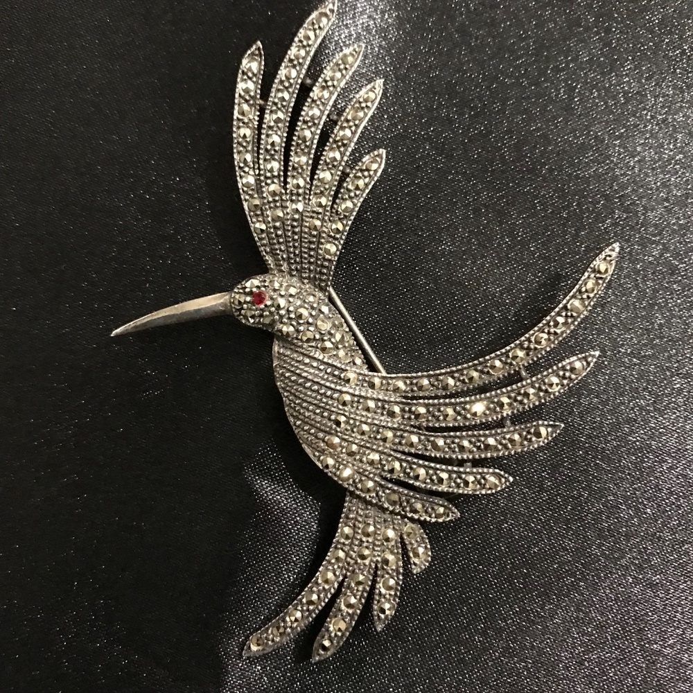 Vintage Pave Marcasite Hummingbird 925 Silver Brooch